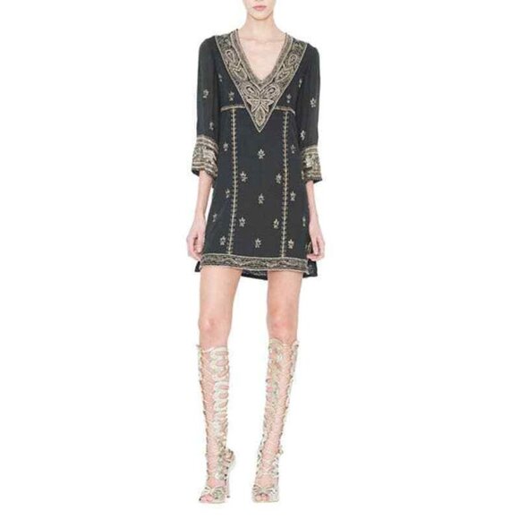 Alice + Olivia Ray Embroidered Mini Dress, Black/gold  size M - Picture 1 of 10